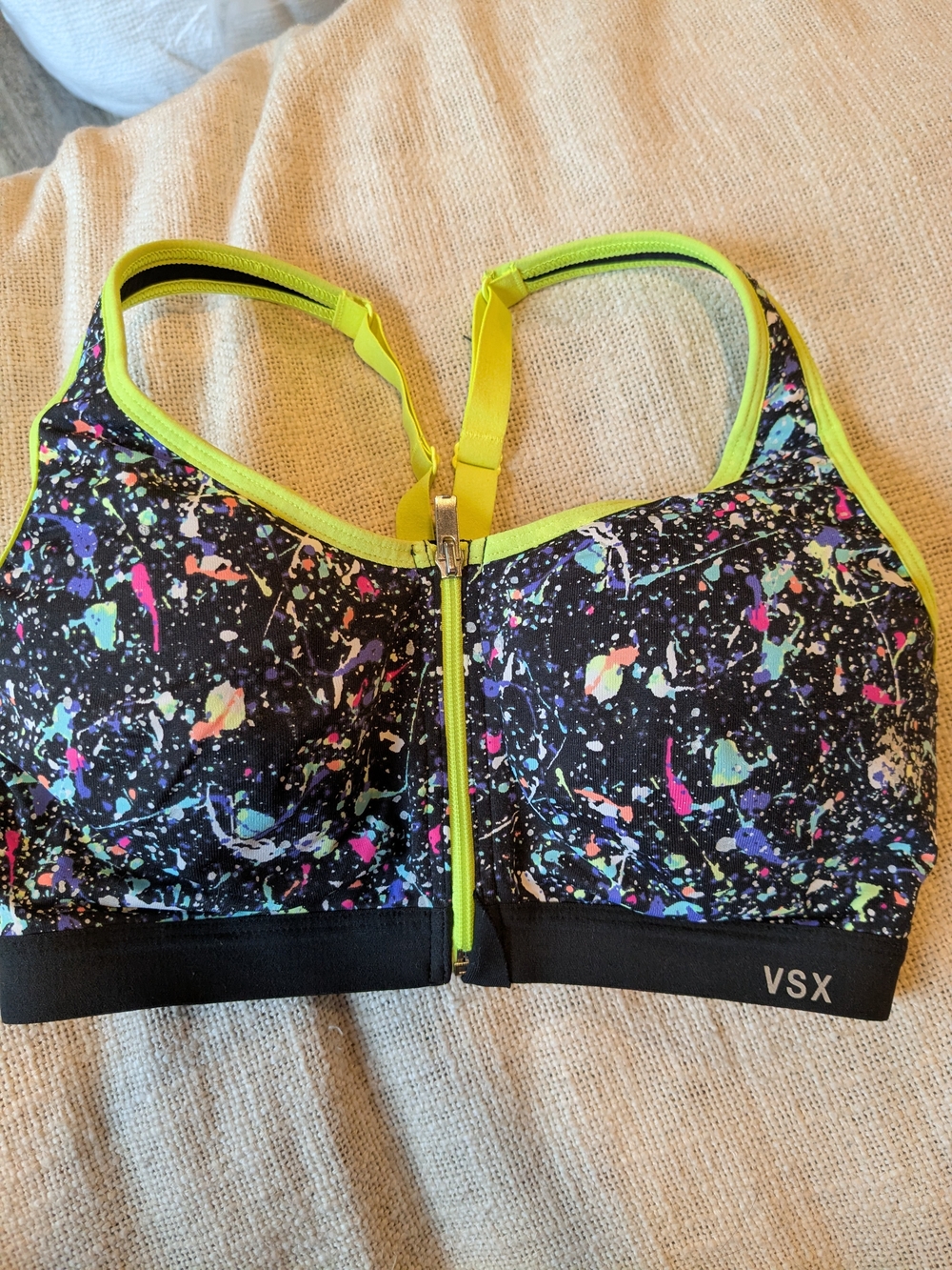 Victoria’s Secret VSX Sport 32C Front Zip Sports Bra Neon Paint Splatter